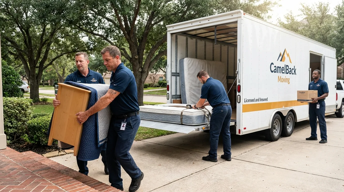 Crew loading residential truck for cross-state move from Ross, CA