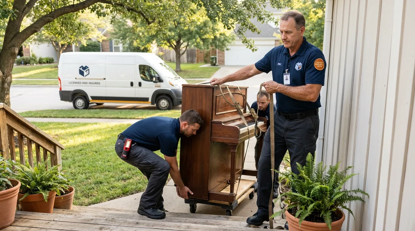 Licensed piano movers securing grand piano in Ross, CA