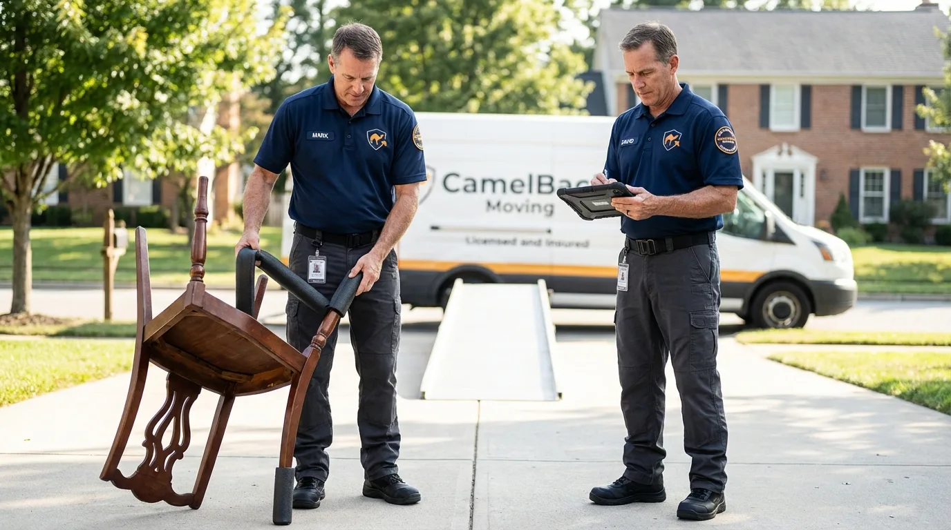 Movers inspecting furniture for damage prevention before loading in Ross, CA