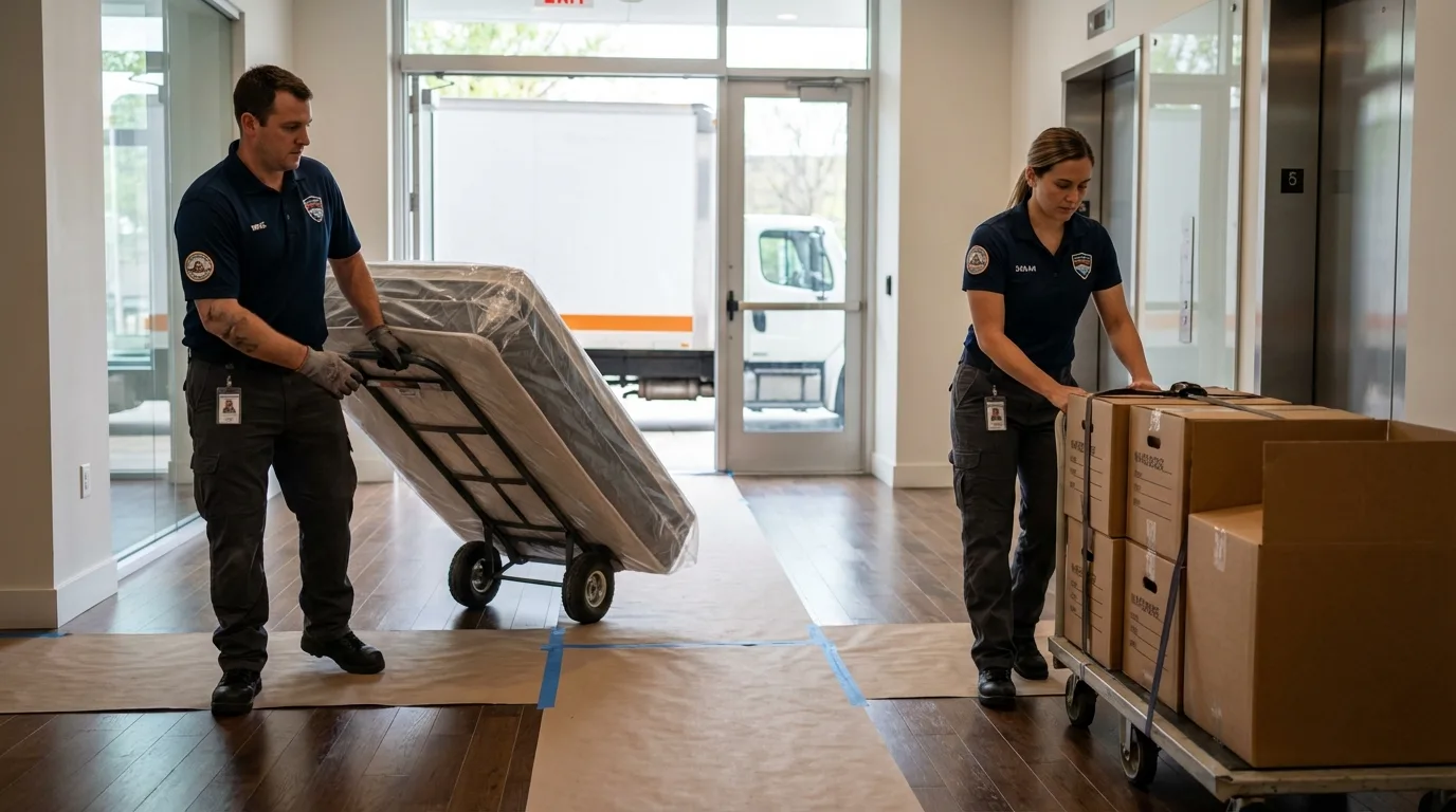 Professional apartment movers loading elevator in Ross, CA