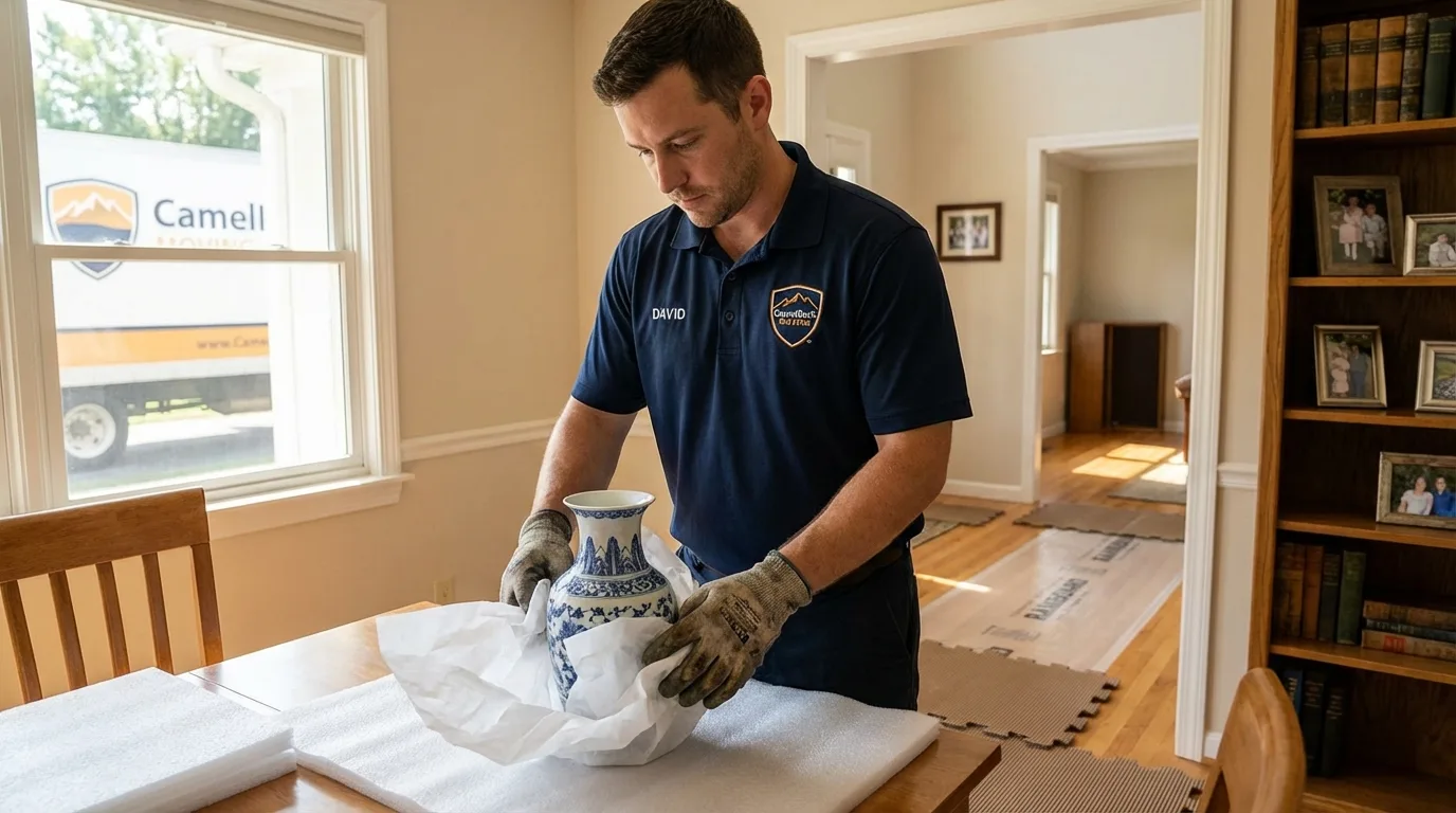 Professional crew carefully wrapping antique vase for senior downsizing move in Ross, CA